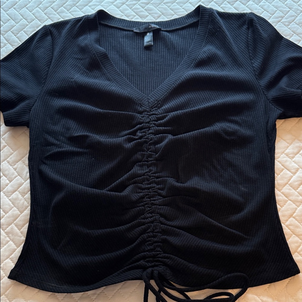 Aqua Black Ruched V-Neck Tee